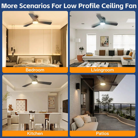 More scenarios of 42 Inch Ceiling Fan With Light And Remote, Low Profile Flush Mount, 3 CCT LED, Black Finish for rooms