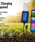 All In One Android Soil Tester with NPK PH Moisture EC Meter displayed next to a smartphone in a field, no charging needed.