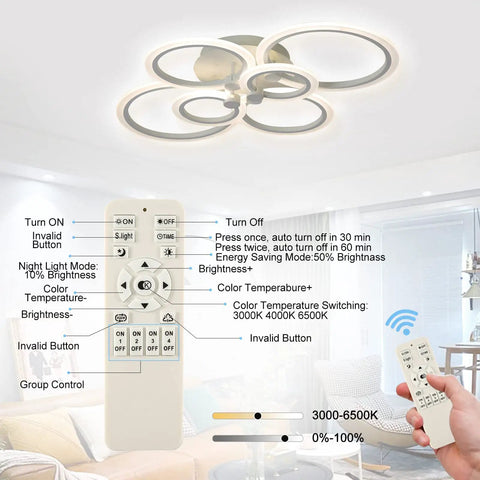 Dope Modern LED Ceiling Light Fixture With 6 Adjustable Ring Design, Flush Mount shown with remote and dimming features