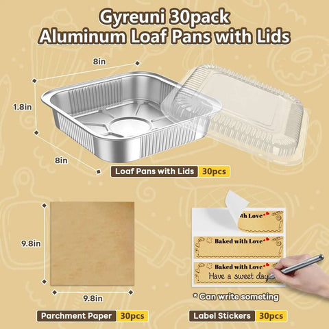 30 Pack Disposable Aluminum Foil 8x8 Inch Square Pans With Lids Parchment Paper Sheets And Stickers Kit For Easy Bake Store Transport And Takeout Grab And Go For Parties And Meal Prep