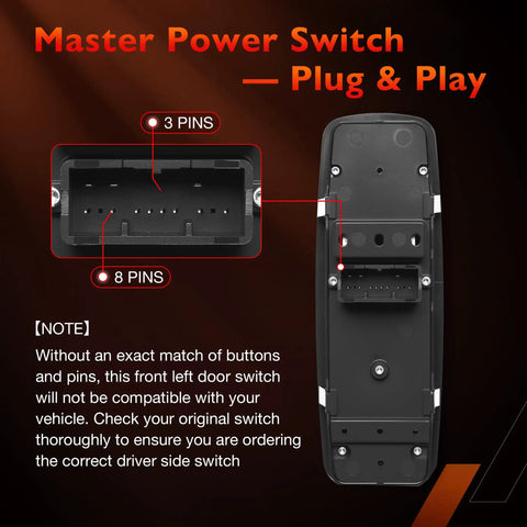 Back view showing pin configuration of Driver Side Front Left Power Window Switch For Ram 1500 2500 3500 2016 To 2022 Charger