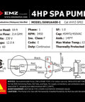 Heavy Duty 4HP Single Speed Spa Pump 220 240V Hot Tub Motor 214 GPM high flow details and specifications diagram.