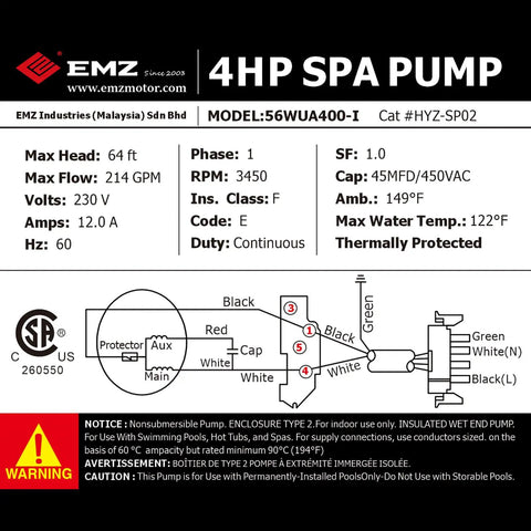 Heavy Duty 4HP Single Speed Spa Pump 220 240V Hot Tub Motor 214 GPM high flow details and specifications diagram.