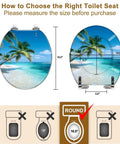 Durable Resin Round Toilet Seat Cover Adorned With Tropical Beach Thatched Roof Umbrella Graphics Quick Release Pins dimensions guide