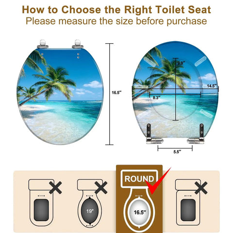 Durable Resin Round Toilet Seat Cover Adorned With Tropical Beach Thatched Roof Umbrella Graphics Quick Release Pins dimensions guide