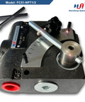 Front view of Hanshang Hydraulic FC51-NPT1/2 hydraulic adjustable flow directional control valve, 1/2 in NPT ports, 30 GPM