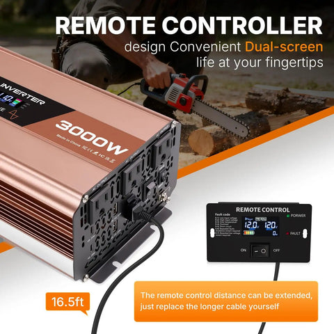 Dead Simple 3000 Watt Pure Sine Wave Inverter Converts 12V DC To 120V AC With Three Household Outlets and Remote Control.