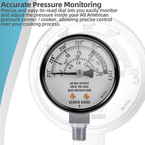 Front view of pressure dial gauge for pressure canners; round stainless gauge with threaded connector.