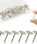 50 Piece Flat Head Thumb Tacks With Slick Silver Finish Heavy Duty Solid Steel Push Pins in a storage case for corkboard and hanging.