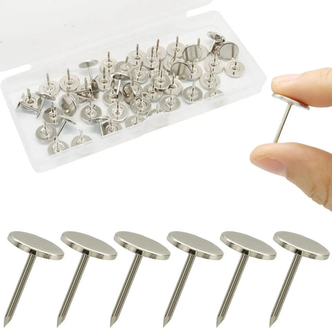 50 Piece Flat Head Thumb Tacks With Slick Silver Finish Heavy Duty Solid Steel Push Pins in a storage case for corkboard and hanging.