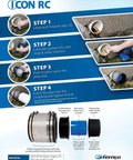 Image illustrating installation steps for Drop Dead Simple 4 Inch Push Fit Dwv Coupling For Sheared Off Pipe With Shielded Connector Tool Free Install.