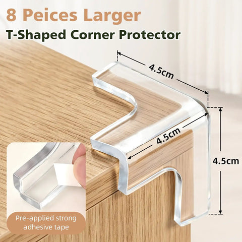 Tough As Nails Table Corner Guards 8 Pack Giant T Shaped Corner Protectors For Baby on wooden table, measuring 4.5cm each.