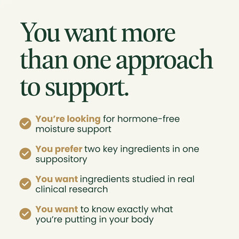 HAPure Hyaluronic Acid Vaginal Suppositories With Vitamin E For Women Hydration And Dryness Relief key benefits text