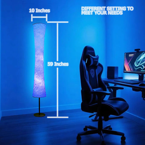 Smart Floor Lamp With RGB LED Color Changing Lights App Control DIY Mode Music Sync Alexa And Google Assistant Compatible Standing Lamp With White Fabric Shade in gaming room.