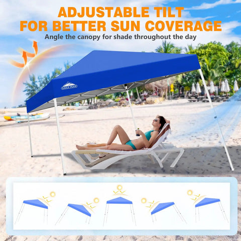10x10 Pop Up Canopy Tent With Easy One Person Setup Center Lock System for instant outdoor beach shelter, blue shade on beach.