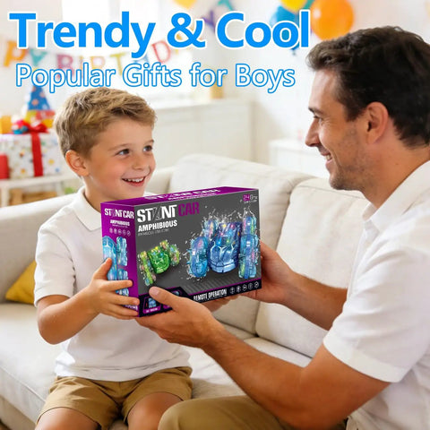 Father gifting child Amphibious Remote Control Monster Truck For Kids, 2.4GHz RC Car With LED Lights, in living room