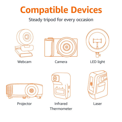 Compatible devices for Lightweight 50 Inch Aluminum Camera Tripod With Quick Release Plate, showing webcam, camera, and more