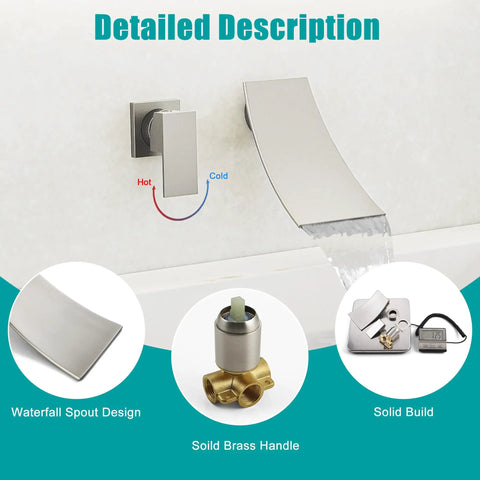 Wall Mount Waterfall Bathroom Faucet With Single Handle In Brushed Nickel, Modern Tub And Sink Lavatory Faucet, Quiet Flow, Easy Switch