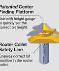 Detailed view of Grab This Knockout Lock Miter Router Bit For Flawless Woodworking Joints showing center finding platform and collet safety line.