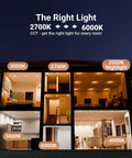 Top Shelf 6 Inch Led Recessed Can Lights, Slick Dimmable Color Temp Downlights With Built In Night Mode, Damp Rated For No Sweat Install, 96 Pack shown in different light settings 2700K to 6000K.