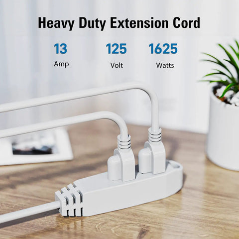 Three Outlet 50 Foot Extension Cord With Grounded 3-Wire SJTW 16/3 UL Listed in use on a wooden desk