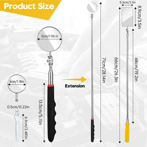 Telescoping Inspection Mirror Kit With 4 Replaceable Mirrors Flexible Extendable Reach 360 Degree Rotating Round And Bendable Square Surfaces Extendable Mirror On A Stick showing product size.