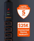 VoltSpin Surge Protector Power Strip With 6 Rotating Outlets, warranty details displayed.