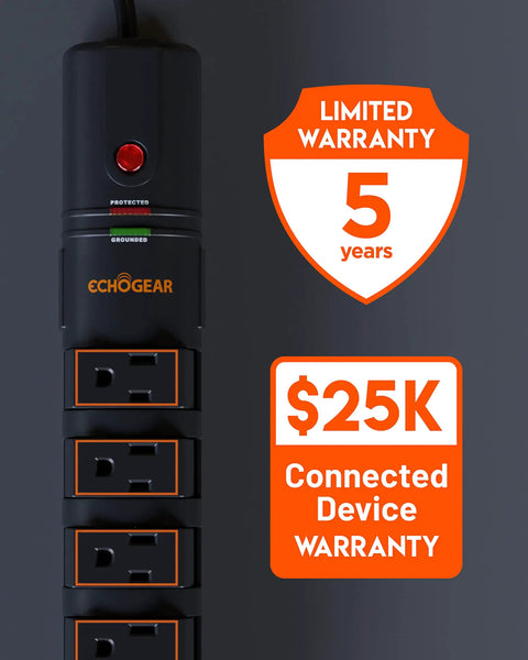 VoltSpin Surge Protector Power Strip With 6 Rotating Outlets, warranty details displayed.