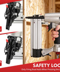 Built Different 2 In 1 Pneumatic Brad Nailer And Narrow Crown Staple Gun Kit showing safety lock and magazine for 18 gauge nails.