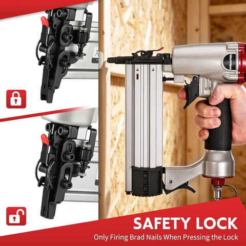 Built Different 2 In 1 Pneumatic Brad Nailer And Narrow Crown Staple Gun Kit showing safety lock and magazine for 18 gauge nails.
