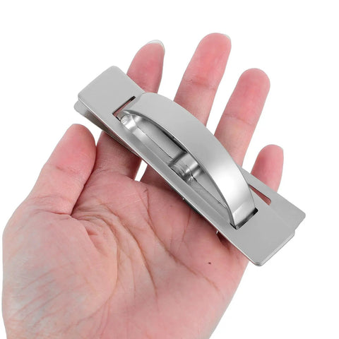 Slick Hidden Cabinet Drawer Pulls Zinc Alloy Recessed Invisible Handles in hand, silver finish for concealed mounting.