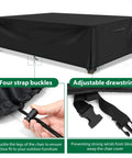 Extra Large Patio Table Cover For 10 To 12 Seat Rectangular Set Heavy Duty Waterproof Outdoor Cover displayed with strap buckles and drawstring features