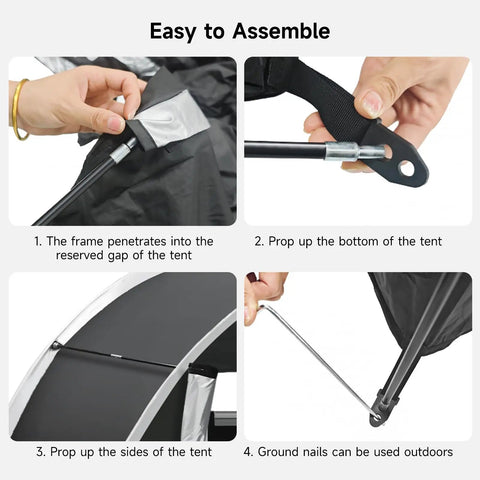 Assembly steps for All Weather Outdoor Bike Storage Tent For 2-3 Bikes With Extra Top Space, PU5000 Waterproof 210D Oxford Fabric.