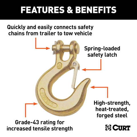 Heavy Duty 7800 Lbs Clevis Slip Hook With Safety Latch For Towing Chains, gold forged steel with spring-loaded safety latch.