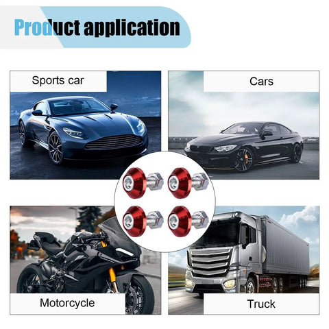Heavy Duty Premium Red Aluminum Alloy Motorcycle License Plate Bolts 4 Piece Set For Sick Bike Registration Hardware in use on vehicles.