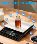 Pro Grade Kitchen Scale For Meal Prep And Baking, 11Lb Capacity, Precise 0.1g 0.01oz Graduation, showcasing nine unit options on LCD.