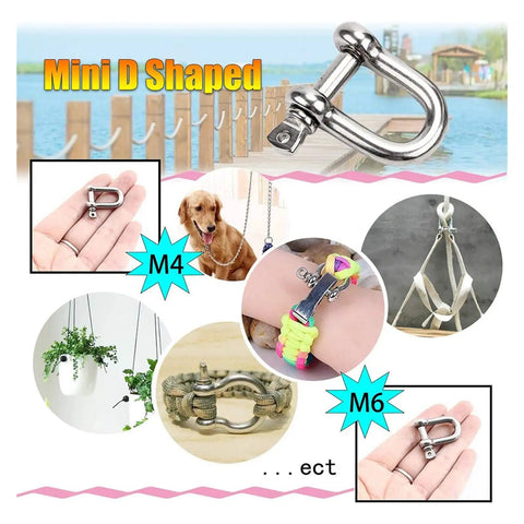 Mini D shaped stainless steel screw pin anchor shackle for versatile outdoor uses, featured in various applications.