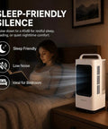 Portable Mini Personal Air Conditioner With Remote on bedside table in bedroom, woman reading with quiet operation