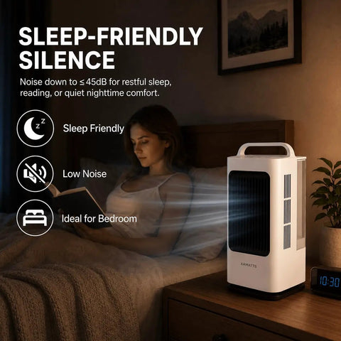 Portable Mini Personal Air Conditioner With Remote on bedside table in bedroom, woman reading with quiet operation