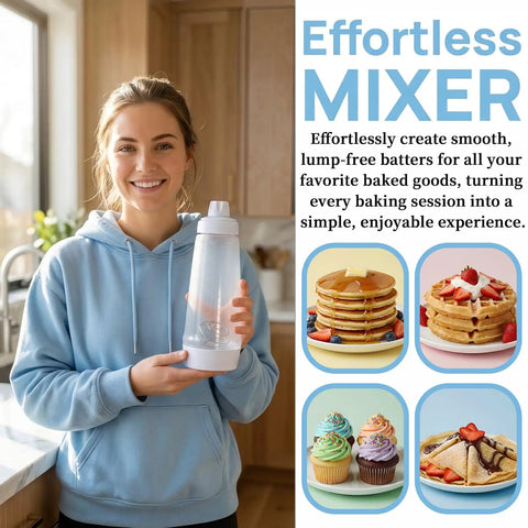 Person holding All In One Pancake Batter Dispenser With BlenderBall and desserts in kitchen scene.