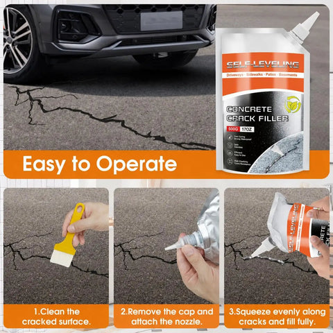 Self Leveling Concrete Crack Filler 4 Pack, Straight Up Waterproof Cement Sealant For Driveway Patio Walkway, easy application steps shown.