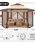 Front view of 13 By 13 Pop Up Gazebo With Mosquito Netting Centerlok Six Sided Portable Canopy for backyard, beige coffee color.
