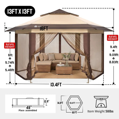 Front view of 13 By 13 Pop Up Gazebo With Mosquito Netting Centerlok Six Sided Portable Canopy for backyard, beige coffee color.