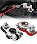 Heavy Duty Top Shelf Battery Terminals Compatible With Nissan Sentra Murano Maxima Rogue Auto Cable Top Posts Positive Negative Connectors with sturdy plastic bases on a car battery.