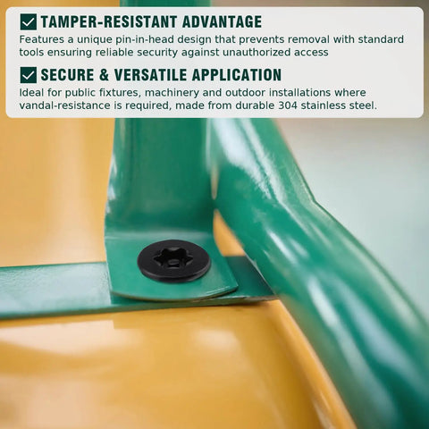 Tough As Nails M6 X 35Mm Flat Torx Security Screws installed on green metal surface, showcasing tamper-proof design.