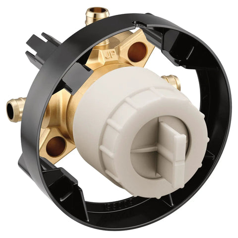 Three Port Shower Mixing Valve With Crimp Ring PEX Connections For Pressure Balancing And Volume Control Pro Grade Home Bathroom Upgrade U130X M Core Valve, showing side angle with brass body and plastic components.