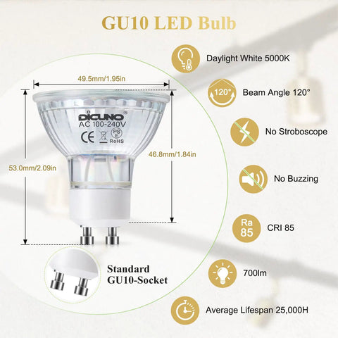 Energy Saving GU10 LED Light Bulbs 6W 60W Halogen Replacement 5000K Daylight White 700 Lumens Full Glass Cover 120 Degree Beam Angle description