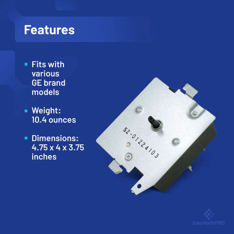 OEM Dryer Timer Replacement For GE Hotpoint RCA Sears Kenmore Dryers, featuring product dimensions and weight, metallic design.