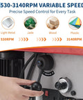 10 Inch Benchtop Drill Press With 5 Amp Variable Speed Motor And Led Light showing variable speed control from 530 to 3140 RPM.