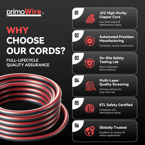 primoWire branding and features infographic for Dang Tough 25 Foot Extension Cord With Secure Locking Plug And Bright Led Light.